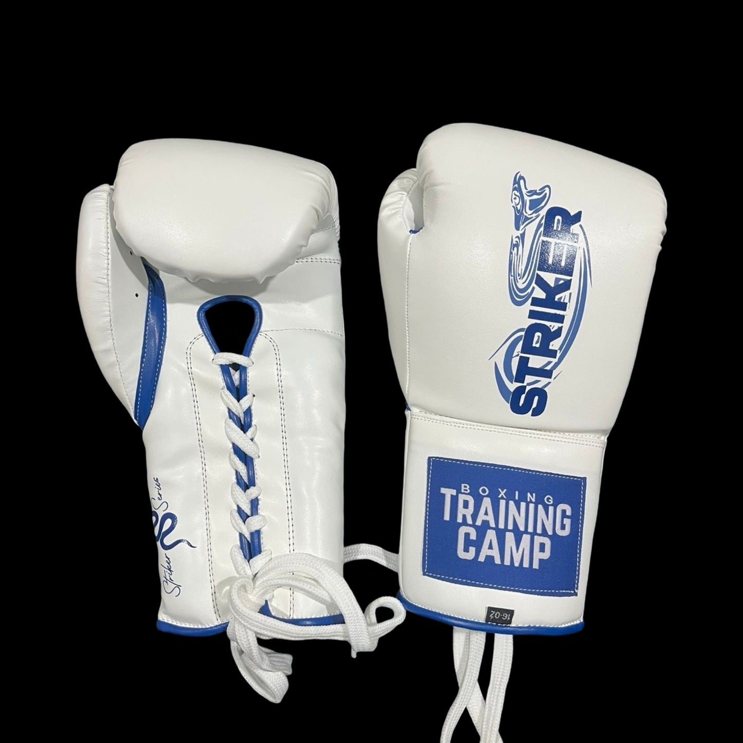 "White/Blue" StrikerSeries Sparring Gloves (Lace Up) 16oz