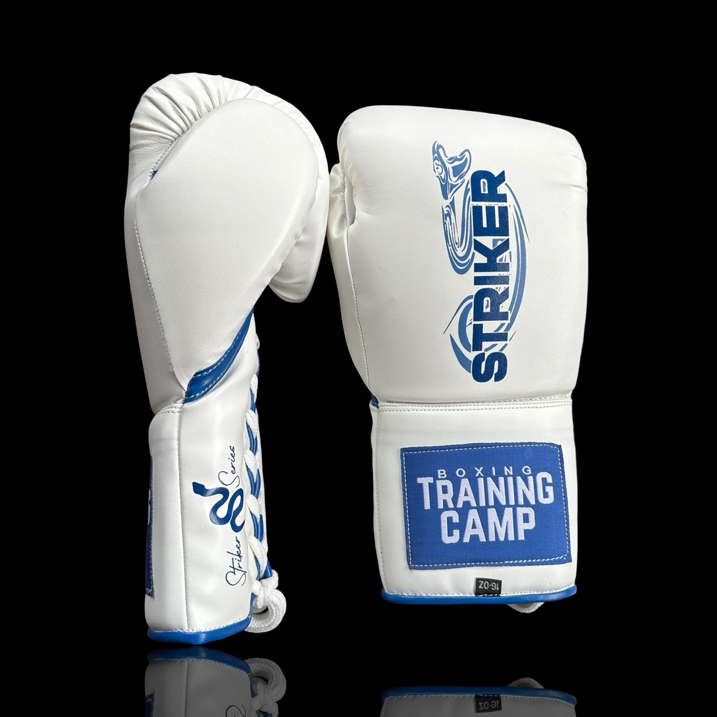 "White/Blue" StrikerSeries Sparring Gloves (Lace Up) 16oz